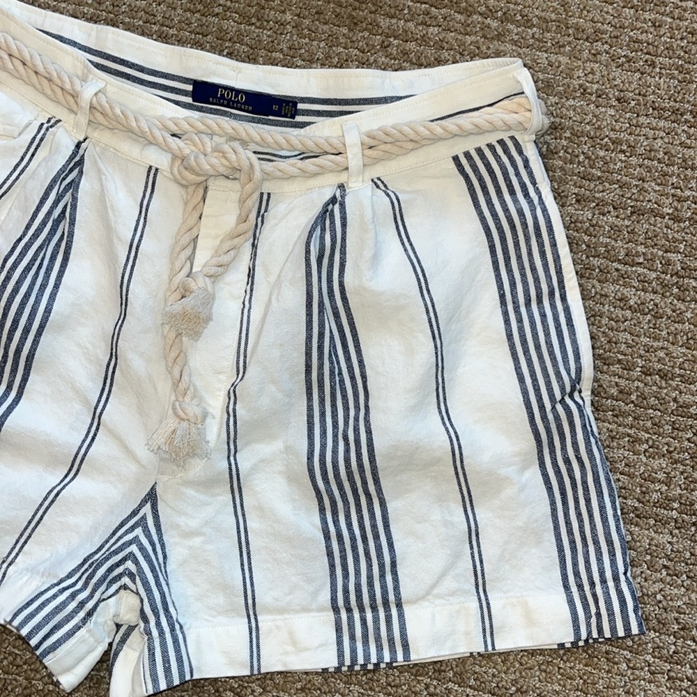 Women Ralph Lauren Polo Striped White & Blue Linen Shorts Rope Belt Sz 12 - Picture 2 of 8